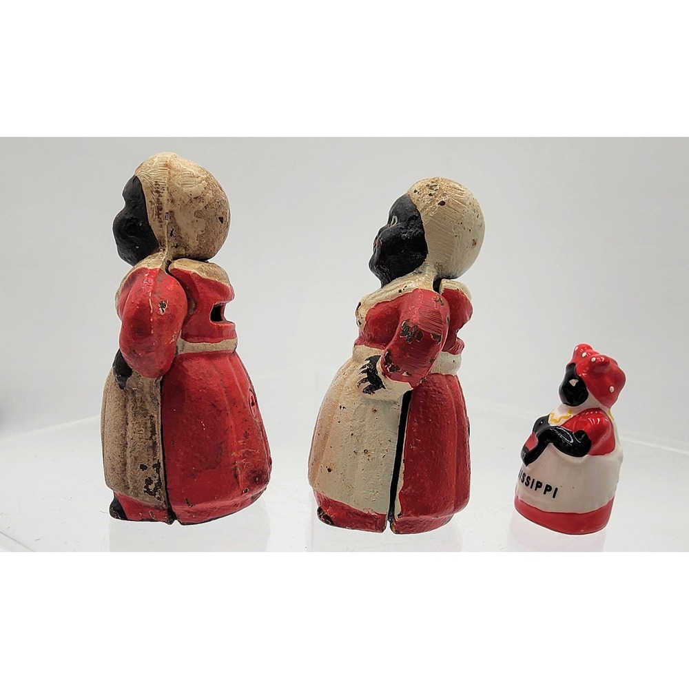 Vintage Americana Cast Iron Coin Banks & Sewing Thimble Red White Mississippi - Picture 11 of 12